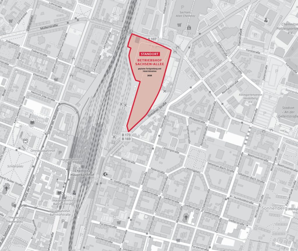 Lageplan des geplanten Betriebshofs, gegenüber der Sachsen-Allee. Geplante Fertigstellung: 2026