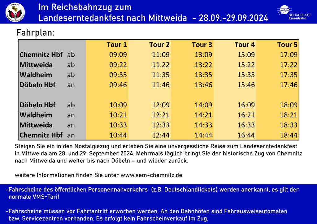 Fahrplan der Sonderzüge nach Mittweida am 28. und 29.09.2024