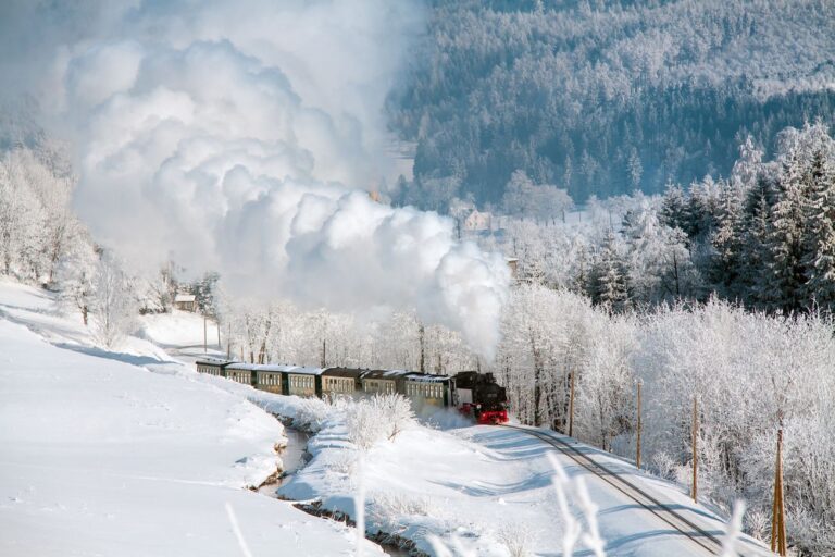 Ein besonderes Erlebnis im Winter: Mit der historischen Dampflok gehts mitten durch die Schneelandschaft.